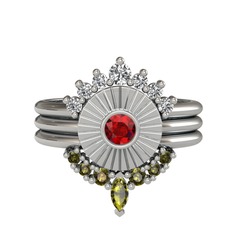 Minimal Tria Cora Yüzük - Swarovski, garnet ve peridot 18 ayar beyaz altın yüzük #kkit8b