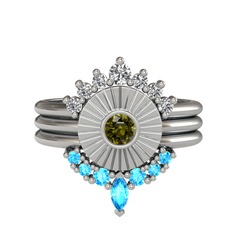 Minimal Tria Cora Yüzük - Swarovski, peridot ve akuamarin 8 ayar beyaz altın yüzük #kuu4z4