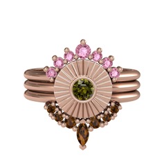 Minimal Tria Cora Yüzük - Pembe kuvars, peridot ve dumanlı kuvars 925 ayar rose altın kaplama gümüş yüzük #kuvc9f