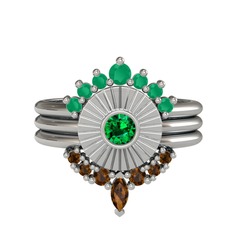 Minimal Tria Cora Yüzük - Kök zümrüt, yeşil kuvars ve dumanlı kuvars 14 ayar beyaz altın yüzük #ky63v3