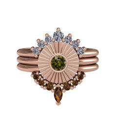 Pırlanta, peridot ve dumanlı kuvars 18 ayar rose altın yüzük (0.42 karat)