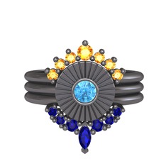 Minimal Tria Cora Yüzük - Sitrin, akuamarin ve lab safir 925 ayar siyah rodyum kaplama gümüş yüzük #l3ohlx