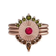 Peridot, rodolit garnet ve dumanlı kuvars 18 ayar rose altın yüzük