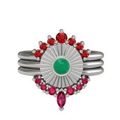 Minimal Tria Cora Yüzük - Garnet, kök zümrüt ve rodolit garnet 14 ayar beyaz altın yüzük #ljsj8b