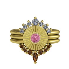 Minimal Tria Cora Yüzük - Pırlanta, pembe kuvars ve dumanlı kuvars 8 ayar altın yüzük (0.42 karat) #ltpxfw