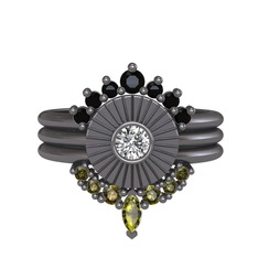 Minimal Tria Cora Yüzük - Siyah zirkon, swarovski ve peridot 925 ayar siyah rodyum kaplama gümüş yüzük #ltqj2d