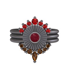 Minimal Tria Cora Yüzük - Garnet, kök yakut ve dumanlı kuvars 925 ayar siyah rodyum kaplama gümüş yüzük #lu1dv4