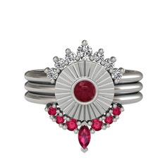 Minimal Tria Cora Yüzük - Swarovski, kök yakut ve rodolit garnet 14 ayar beyaz altın yüzük #luyu0k