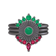 Minimal Tria Cora Yüzük - Kök zümrüt ve rodolit garnet 925 ayar siyah rodyum kaplama gümüş yüzük #lyvek6