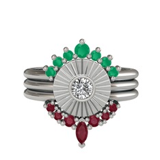 Minimal Tria Cora Yüzük - Kök zümrüt, swarovski ve kök yakut 14 ayar beyaz altın yüzük #m70871