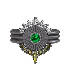 Minimal Tria Cora Yüzük - Swarovski, yeşil kuvars ve peridot 925 ayar siyah rodyum kaplama gümüş yüzük #m9ftb5