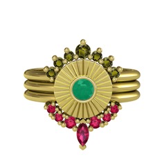 Minimal Tria Cora Yüzük - Peridot, kök zümrüt ve rodolit garnet 14 ayar altın yüzük #maj03