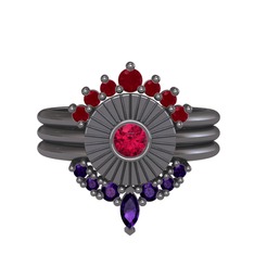 Minimal Tria Cora Yüzük - Kök yakut, rodolit garnet ve ametist 925 ayar siyah rodyum kaplama gümüş yüzük #majcpy