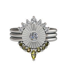 Minimal Tria Cora Yüzük - Swarovski, pırlanta ve peridot 8 ayar beyaz altın yüzük (0.16 karat) #md36i9
