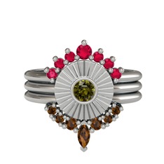 Minimal Tria Cora Yüzük - Rodolit garnet, peridot ve dumanlı kuvars 8 ayar beyaz altın yüzük #md9xsp
