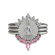 Swarovski, beyaz zirkon ve pembe kuvars 14 ayar beyaz altın yüzük