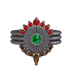 Garnet, yeşil kuvars ve dumanlı kuvars 925 ayar siyah rodyum kaplama gümüş yüzük