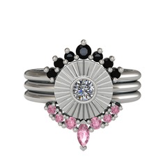Minimal Tria Cora Yüzük - Siyah zirkon, pırlanta ve pembe kuvars 14 ayar beyaz altın yüzük (0.16 karat) #mrfbu0