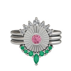 Minimal Tria Cora Yüzük - Swarovski, pembe kuvars ve kök zümrüt 8 ayar beyaz altın yüzük #msncni