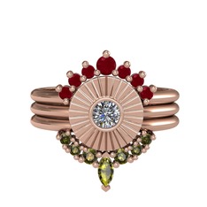 Minimal Tria Cora Yüzük - Kök yakut, pırlanta ve peridot 925 ayar rose altın kaplama gümüş yüzük (0.16 karat) #n0qbw0