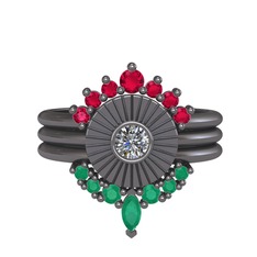 Minimal Tria Cora Yüzük - Rodolit garnet, pırlanta ve kök zümrüt 925 ayar siyah rodyum kaplama gümüş yüzük (0.16 karat) #n6uj4l