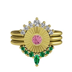 Minimal Tria Cora Yüzük - Swarovski, pembe kuvars ve yeşil kuvars 14 ayar altın yüzük #ngvw78