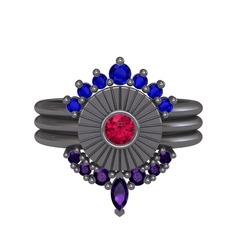 Minimal Tria Cora Yüzük - Lab safir, rodolit garnet ve ametist 925 ayar siyah rodyum kaplama gümüş yüzük #nucgn5
