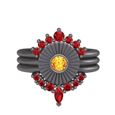 Minimal Tria Cora Yüzük - Garnet ve sitrin 925 ayar siyah rodyum kaplama gümüş yüzük #o1xmdh
