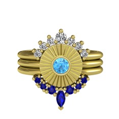 Minimal Tria Cora Yüzük - Beyaz zirkon, akuamarin ve lab safir 14 ayar altın yüzük #o2e0z8