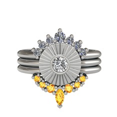 Minimal Tria Cora Yüzük - Pırlanta, swarovski ve sitrin 14 ayar beyaz altın yüzük (0.42 karat) #o79e44