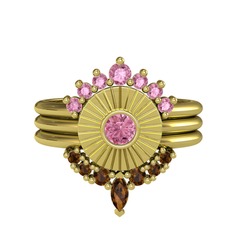 Minimal Tria Cora Yüzük - Pembe kuvars ve dumanlı kuvars 8 ayar altın yüzük #o9hfd3