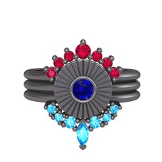 Minimal Tria Cora Yüzük - Rodolit garnet, lab safir ve akuamarin 925 ayar siyah rodyum kaplama gümüş yüzük #okhikd