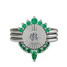 Minimal Tria Cora Yüzük - Kök zümrüt, pırlanta ve yeşil kuvars 18 ayar beyaz altın yüzük (0.16 karat) #oqaax