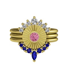 Minimal Tria Cora Yüzük - Swarovski, pembe kuvars ve lab safir 8 ayar altın yüzük #osqkdy