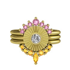 Minimal Tria Cora Yüzük - Pembe kuvars, swarovski ve sitrin 14 ayar altın yüzük #p20pnh