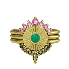 Minimal Tria Cora Yüzük - Pembe kuvars, kök zümrüt ve peridot 8 ayar altın yüzük #panjul