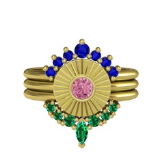 Lab safir, pembe kuvars ve yeşil kuvars 18 ayar altın yüzük