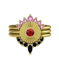 Pembe kuvars, garnet ve siyah zirkon 925 ayar altın kaplama gümüş yüzük