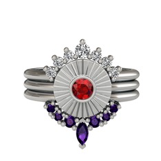Minimal Tria Cora Yüzük - Swarovski, garnet ve ametist 925 ayar gümüş yüzük #qageo7