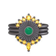 Minimal Tria Cora Yüzük - Sitrin ve kök zümrüt 925 ayar siyah rodyum kaplama gümüş yüzük #qx36av