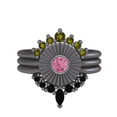 Minimal Tria Cora Yüzük - Peridot, pembe kuvars ve siyah zirkon 925 ayar siyah rodyum kaplama gümüş yüzük #r2ul24