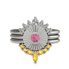 Minimal Tria Cora Yüzük - Beyaz zirkon, pembe kuvars ve sitrin 18 ayar beyaz altın yüzük #r3etfq