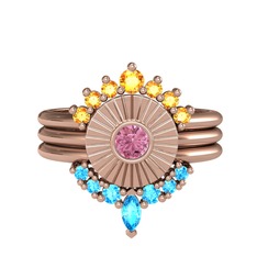 Minimal Tria Cora Yüzük - Sitrin, pembe kuvars ve akuamarin 8 ayar rose altın yüzük #r3gej6