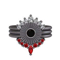 Beyaz zirkon, siyah zirkon ve garnet 925 ayar siyah rodyum kaplama gümüş yüzük