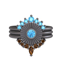 Minimal Tria Cora Yüzük - Akuamarin ve dumanlı kuvars 925 ayar siyah rodyum kaplama gümüş yüzük #r8tl8q