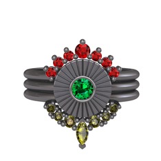 Minimal Tria Cora Yüzük - Garnet, yeşil kuvars ve peridot 925 ayar siyah rodyum kaplama gümüş yüzük #rb1u7o