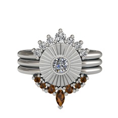 Minimal Tria Cora Yüzük - Swarovski, pırlanta ve dumanlı kuvars 8 ayar beyaz altın yüzük (0.16 karat) #ri28my