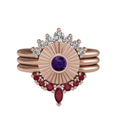 Minimal Tria Cora Yüzük - Swarovski, ametist ve kök yakut 8 ayar rose altın yüzük #rvu8b0