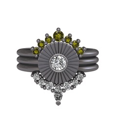 Minimal Tria Cora Yüzük - Peridot, swarovski ve beyaz zirkon 925 ayar siyah rodyum kaplama gümüş yüzük #s2abkd