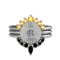 Minimal Tria Cora Yüzük - Sitrin, pırlanta ve siyah zirkon 18 ayar beyaz altın yüzük (0.16 karat) #s6nv90